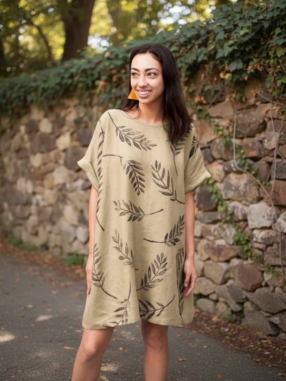 Jenny Lemons Beige Leaf Block Print Linen Mini Dress Natural Lagenlook One Size